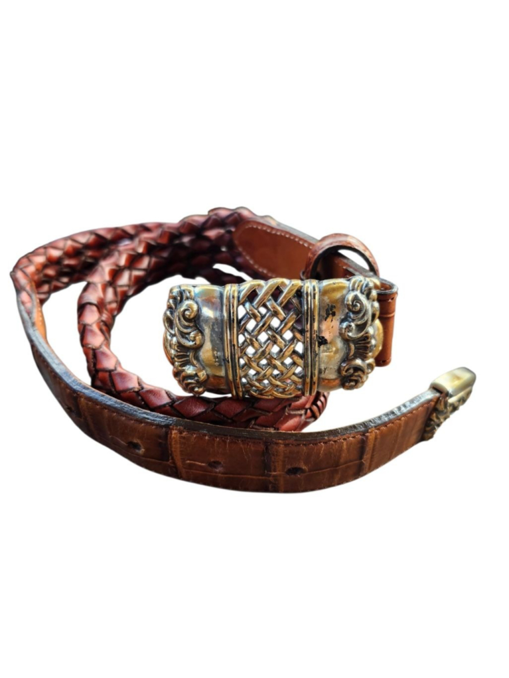 Vintage 90s Brighton Brown Woven Leather Belt Lattice Buckle S